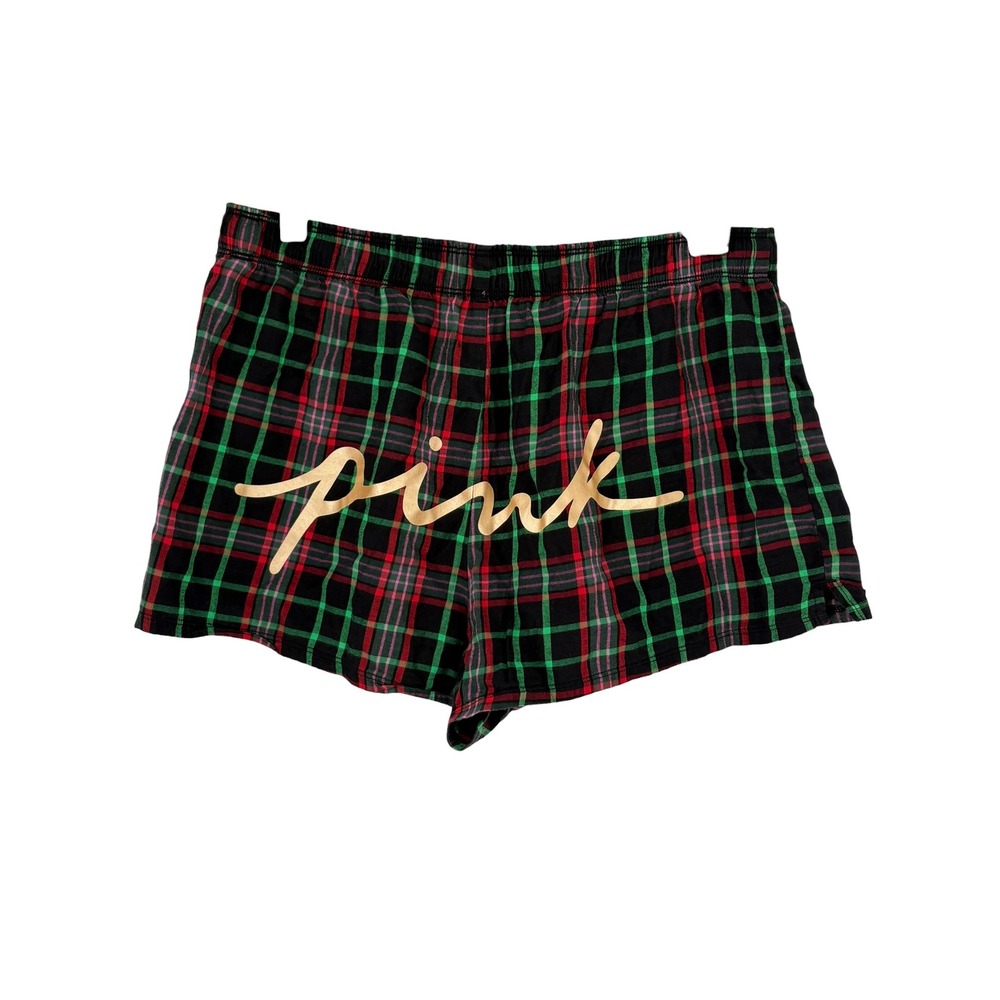 Victoria's Secret PINK Pajama Shorts Red Green Plaid Gold Logo Medium